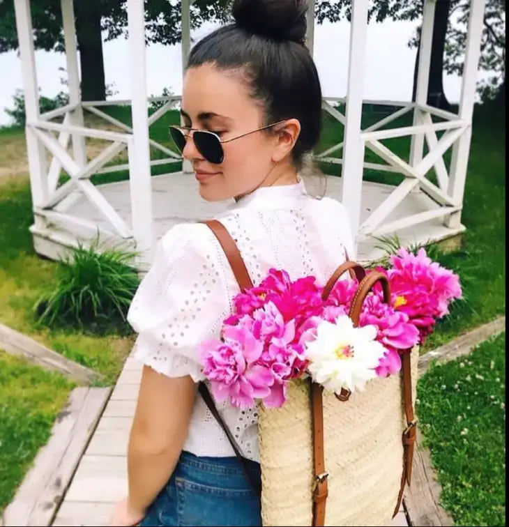 Straw Backpack - Straw Beach Bag with Leather Strap: Brown