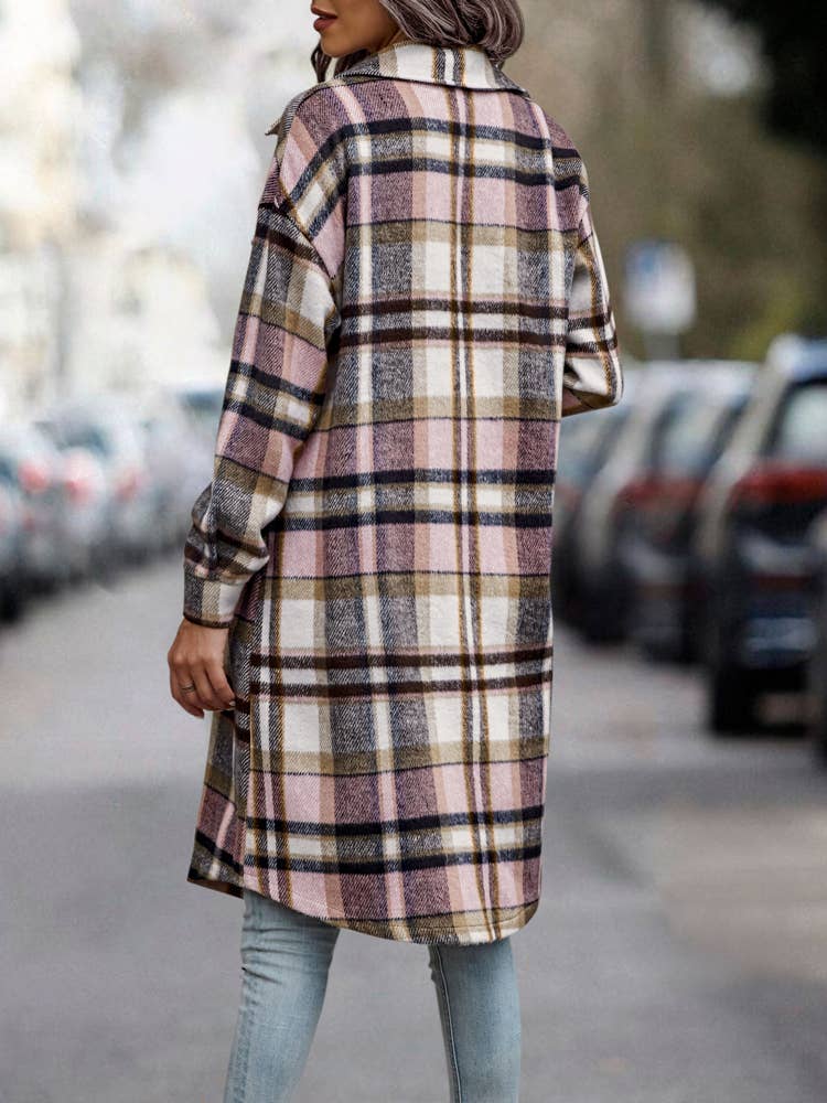 SZ1-JK8211 Plaid Button Down Long Coat: L / Navy Plaid