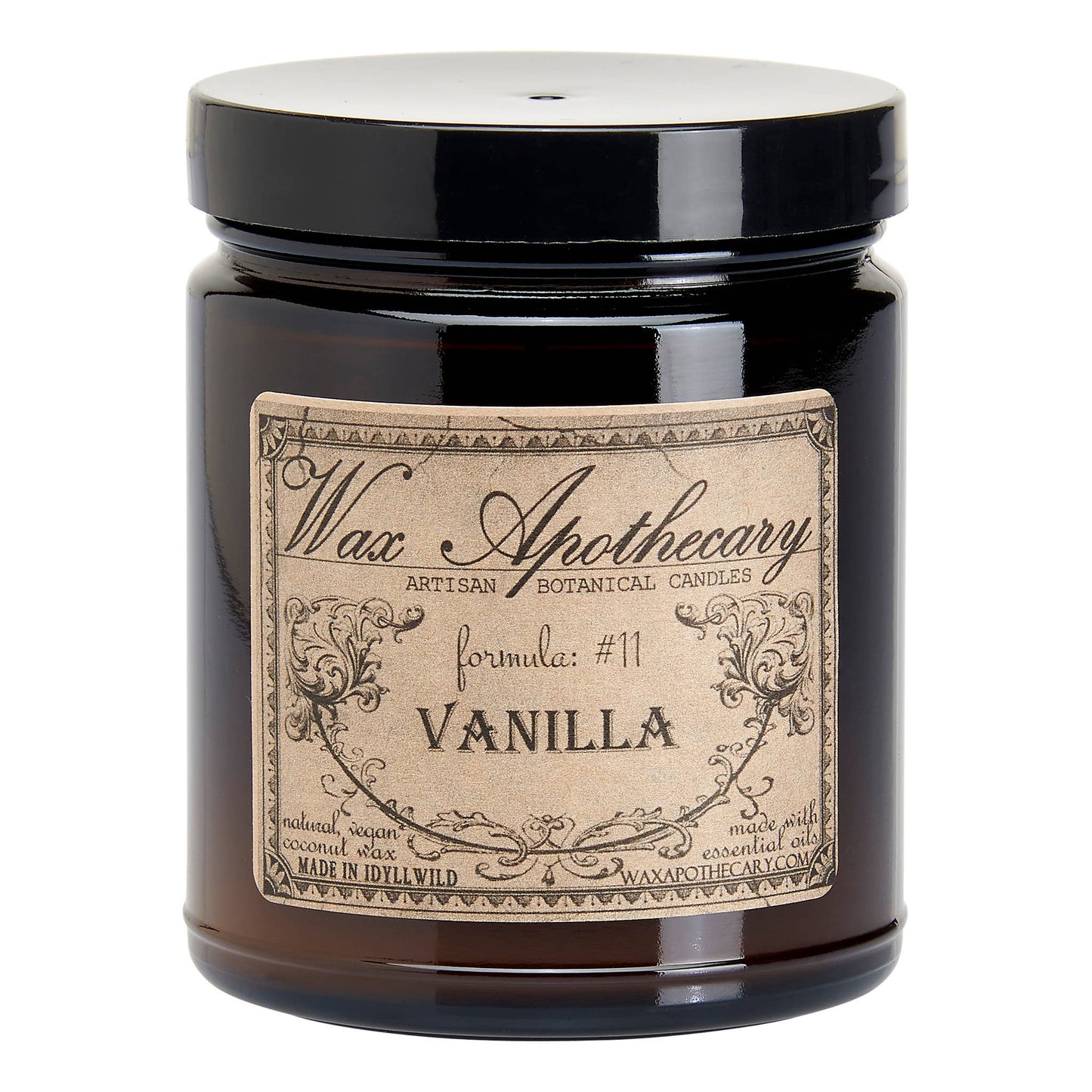 Vanilla 6oz Botanical Candle in Amber Glass Jar w/ Black Lid
