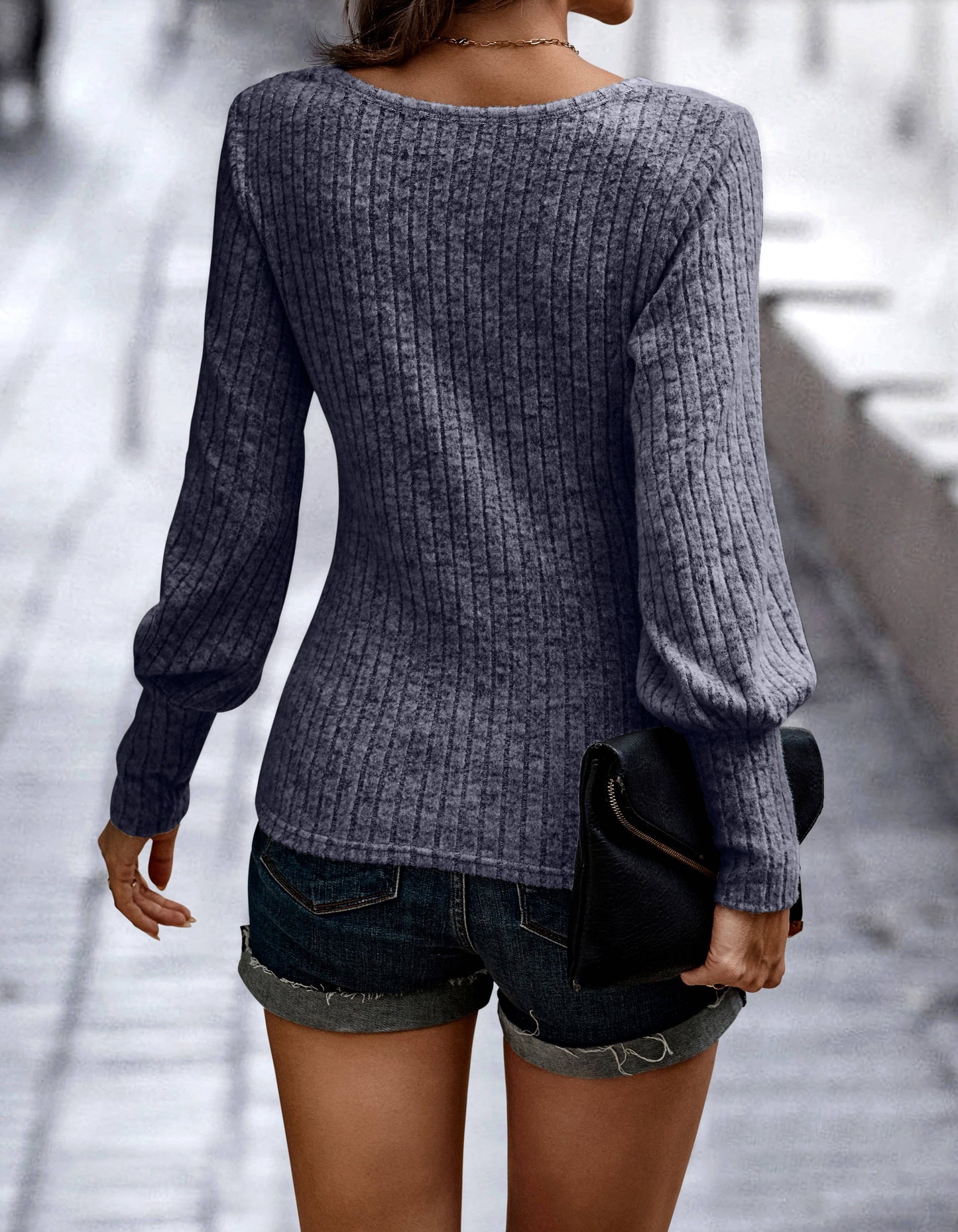 SZ1-TP2109 Soft Ribbed Knit Bishop Sleeve Top: Blue / S