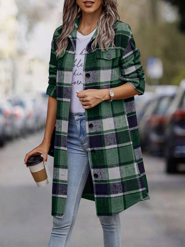 SZ1-JK8211 Plaid Button Down Long Coat: L / Navy Plaid