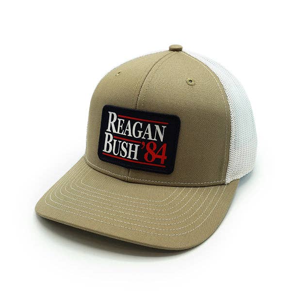 Reagan Bush Woven Patch Hat: Curved Bill Snapback / Heather And White