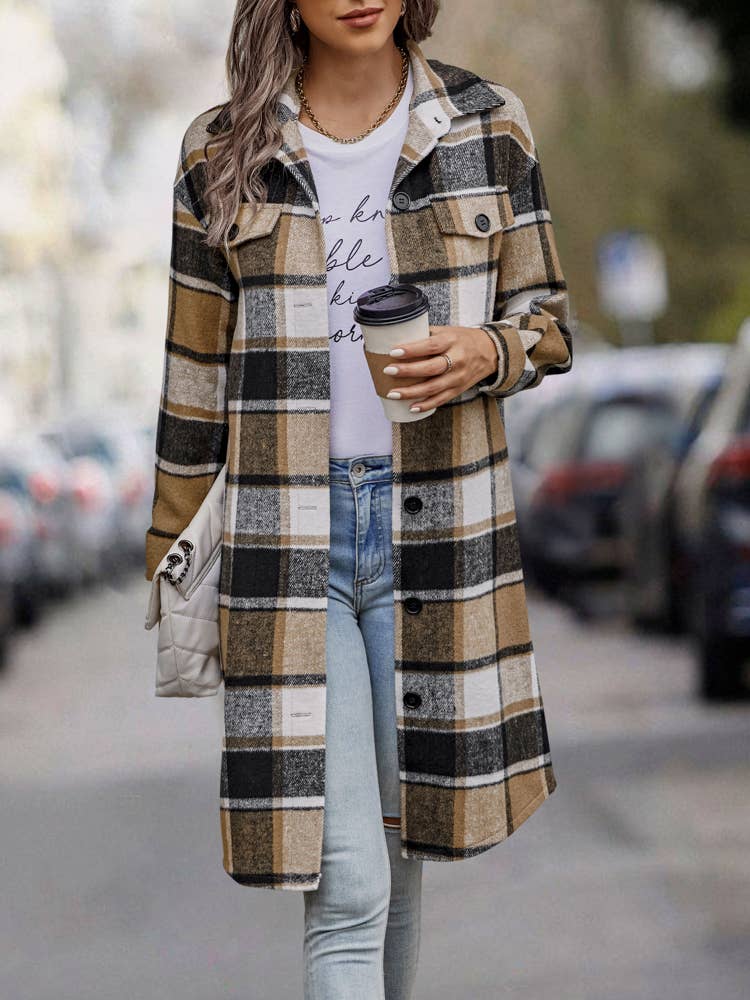SZ1-JK8211 Plaid Button Down Long Coat: L / Navy Plaid