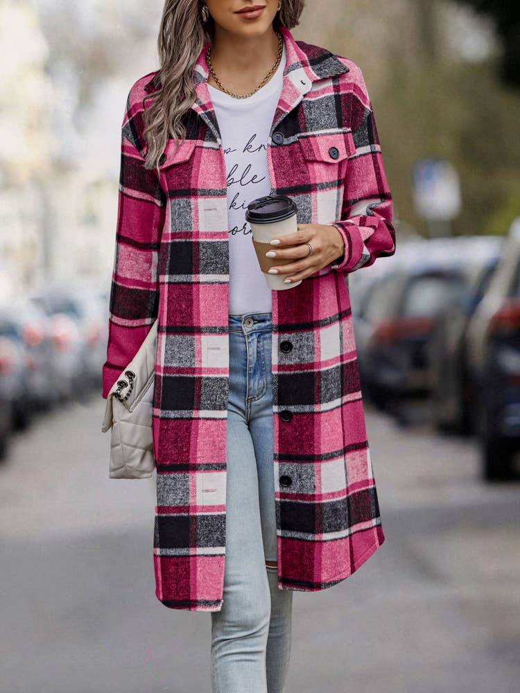 SZ1-JK8211 Plaid Button Down Long Coat: L / Navy Plaid