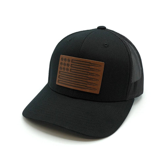 USA Bullet Flag Leather Patch Hat: Curved Bill Snapback / Black And Black / One Size