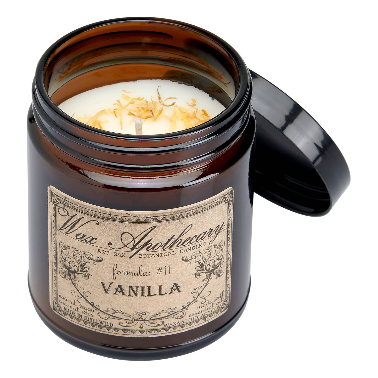 Vanilla 6oz Botanical Candle in Amber Glass Jar w/ Black Lid
