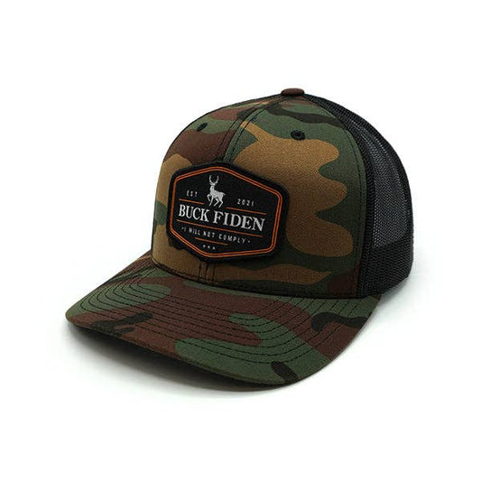 Buck Fiden Woven Patch Hat: Curved Bill Snapback / Camo And Black