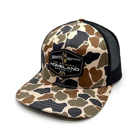The Original Homeland Security Woven Patch Hat: Curved Bill Snapback / Duck Camo And Black