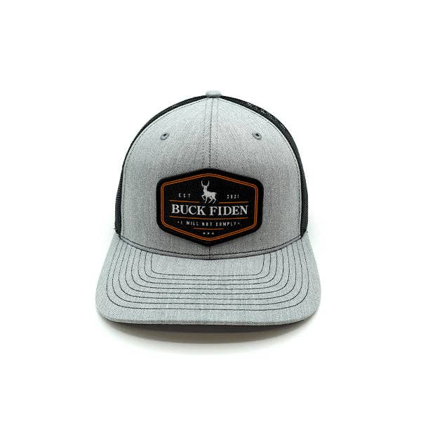 Buck Fiden Woven Patch Hat: Curved Bill Snapback / Camo And Black