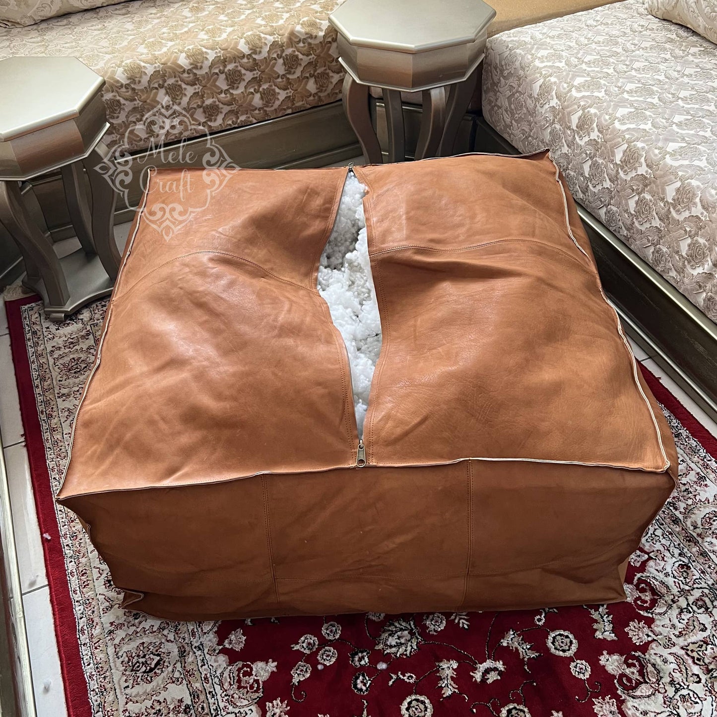 Handmade Furniture | CowHide Leather OttomanTable-Unstuffed: 35.5 x 35.5 x 17.7