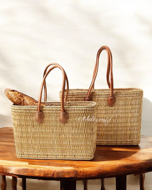Handmade Moroccan Straw Tote with Leather Handles: Long Handles / Large