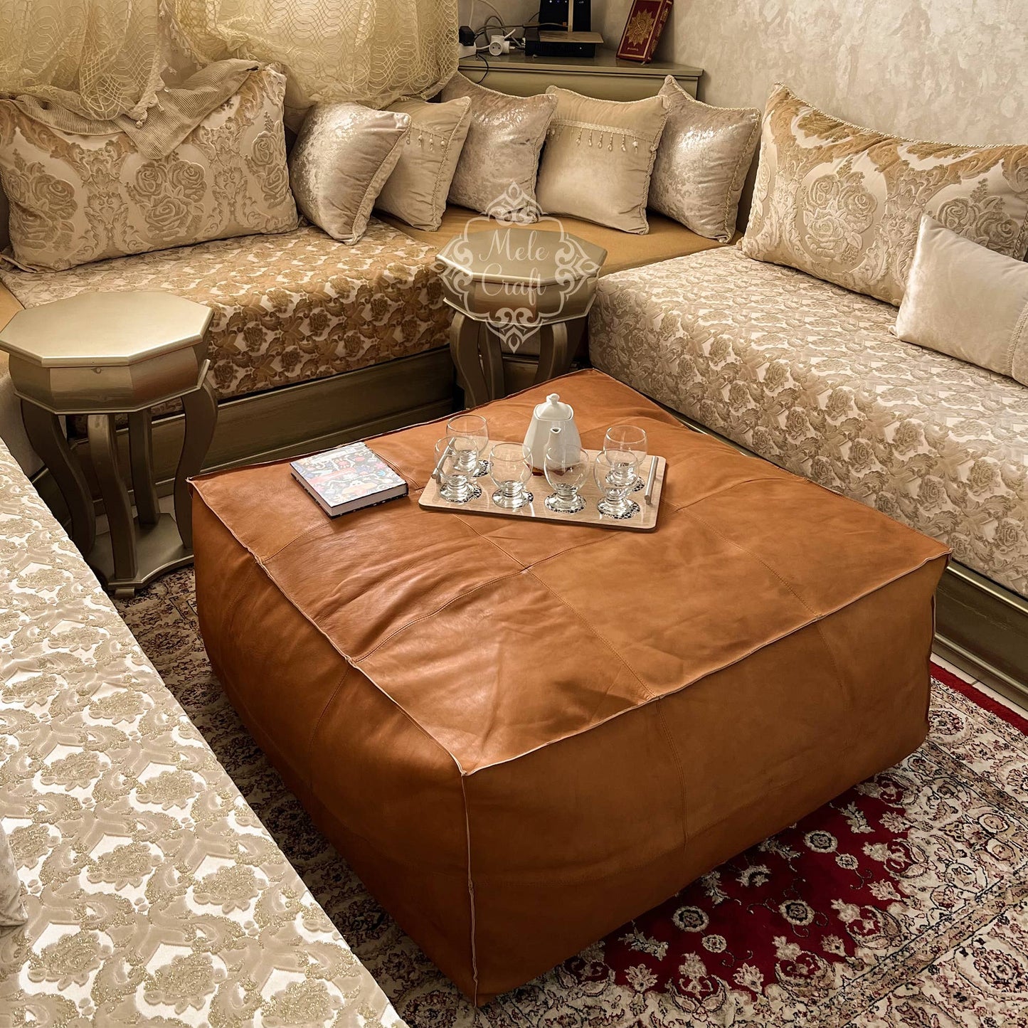 Handmade Furniture | CowHide Leather OttomanTable-Unstuffed: 35.5 x 35.5 x 17.7