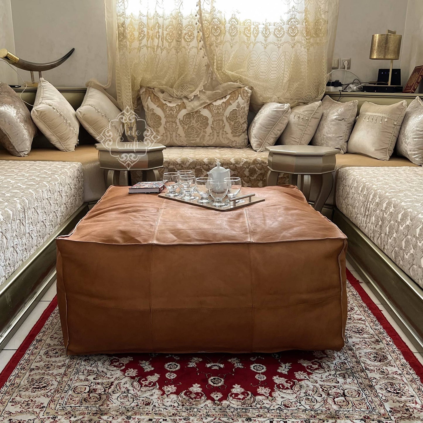 Handmade Furniture | CowHide Leather OttomanTable-Unstuffed: 35.5 x 35.5 x 17.7