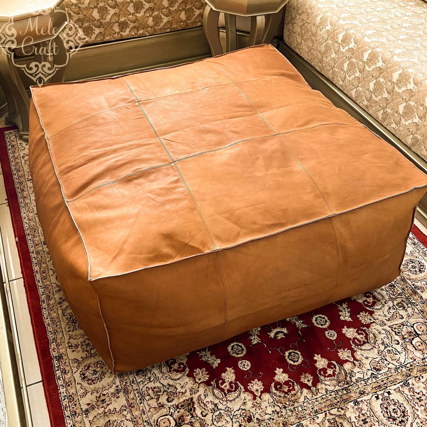 Handmade Furniture | CowHide Leather OttomanTable-Unstuffed: 35.5 x 35.5 x 17.7