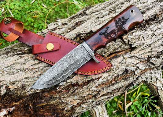 A.3 Damascus Steel Hunting Knife Buck Engraved Walnut Scales