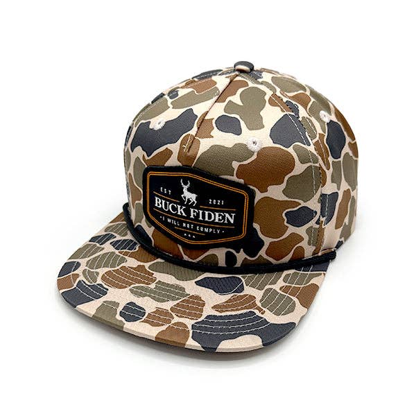 Buck Fiden Woven Patch Hat: Curved Bill Snapback / Camo And Black