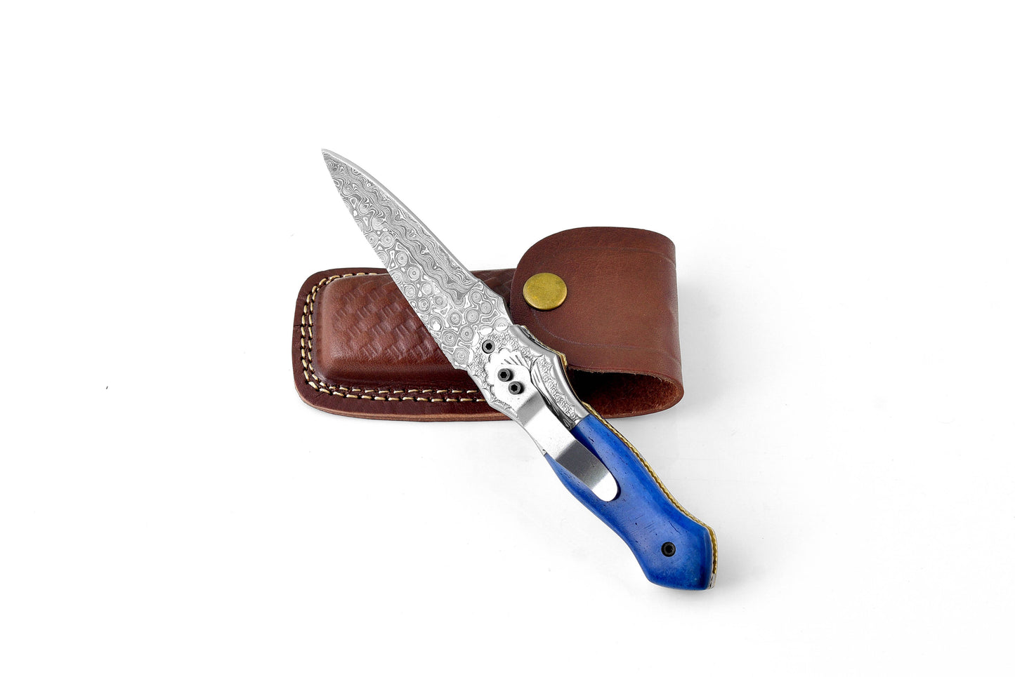 Titanbone Damascus EdgePocket Knife: Sea Blue