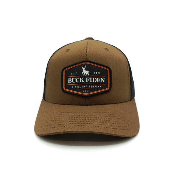 Buck Fiden Woven Patch Hat: Curved Bill Snapback / Camo And Black