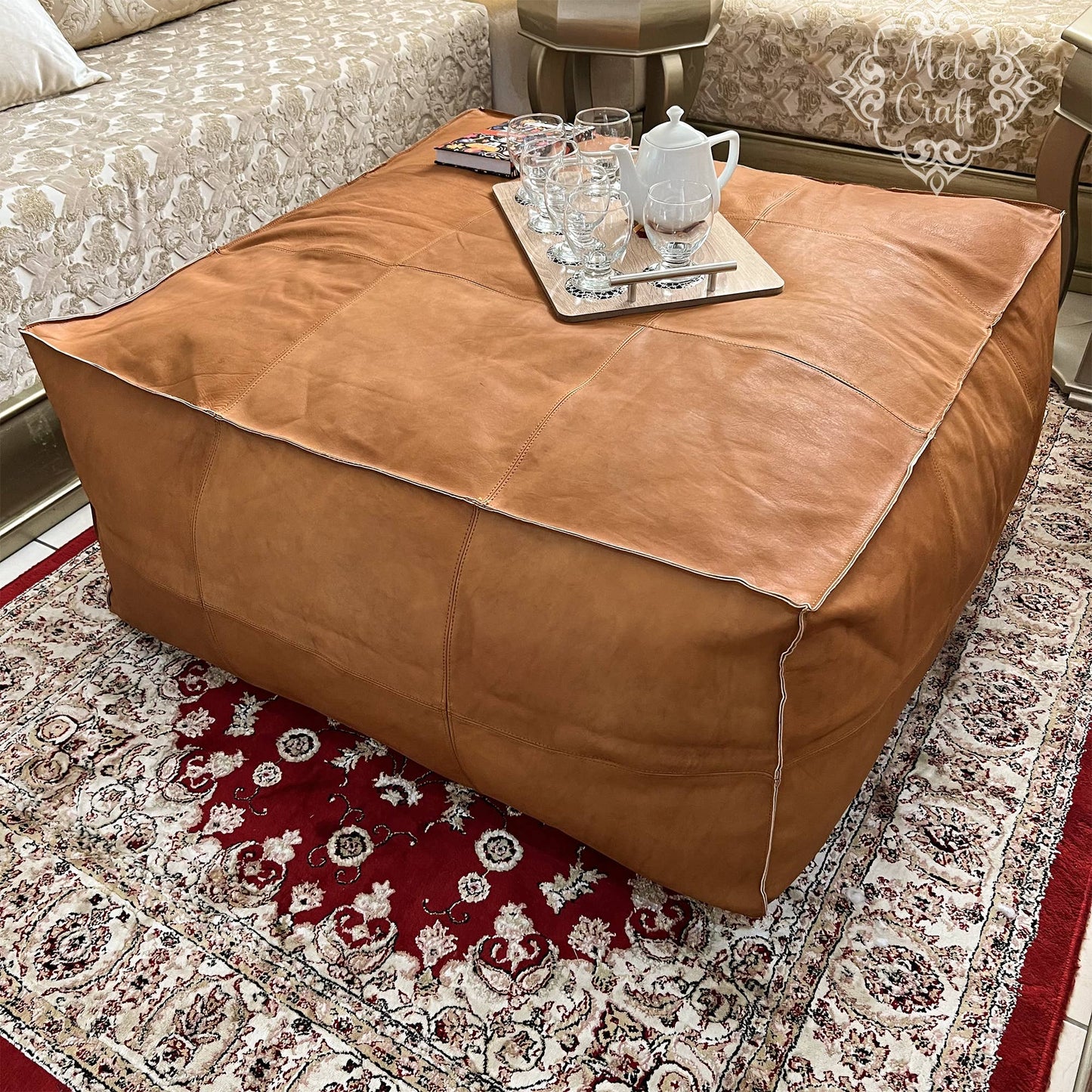 Handmade Furniture | CowHide Leather OttomanTable-Unstuffed: 35.5 x 35.5 x 17.7