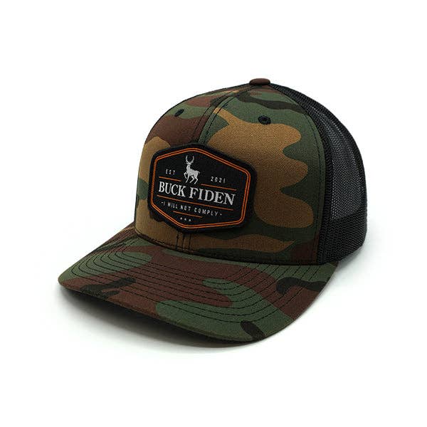 Buck Fiden Woven Patch Hat: Curved Bill Snapback / Coyote Brown And Black