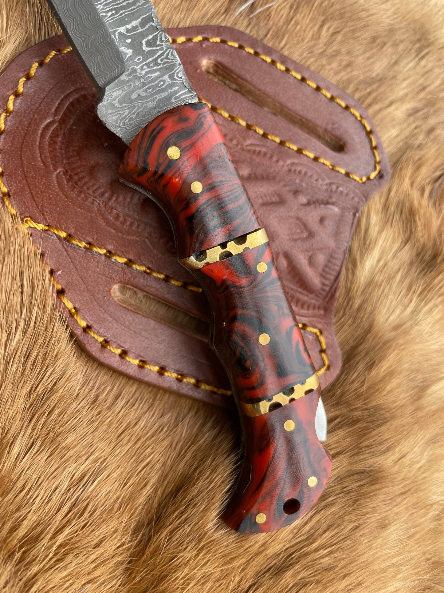 POCKET KNIFE RED RESIN WOOD 6.5'' DAMASCUS STEEL KNIFE STEEL