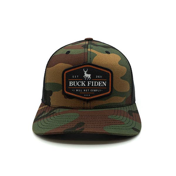 Buck Fiden Woven Patch Hat: Curved Bill Snapback / Camo And Black