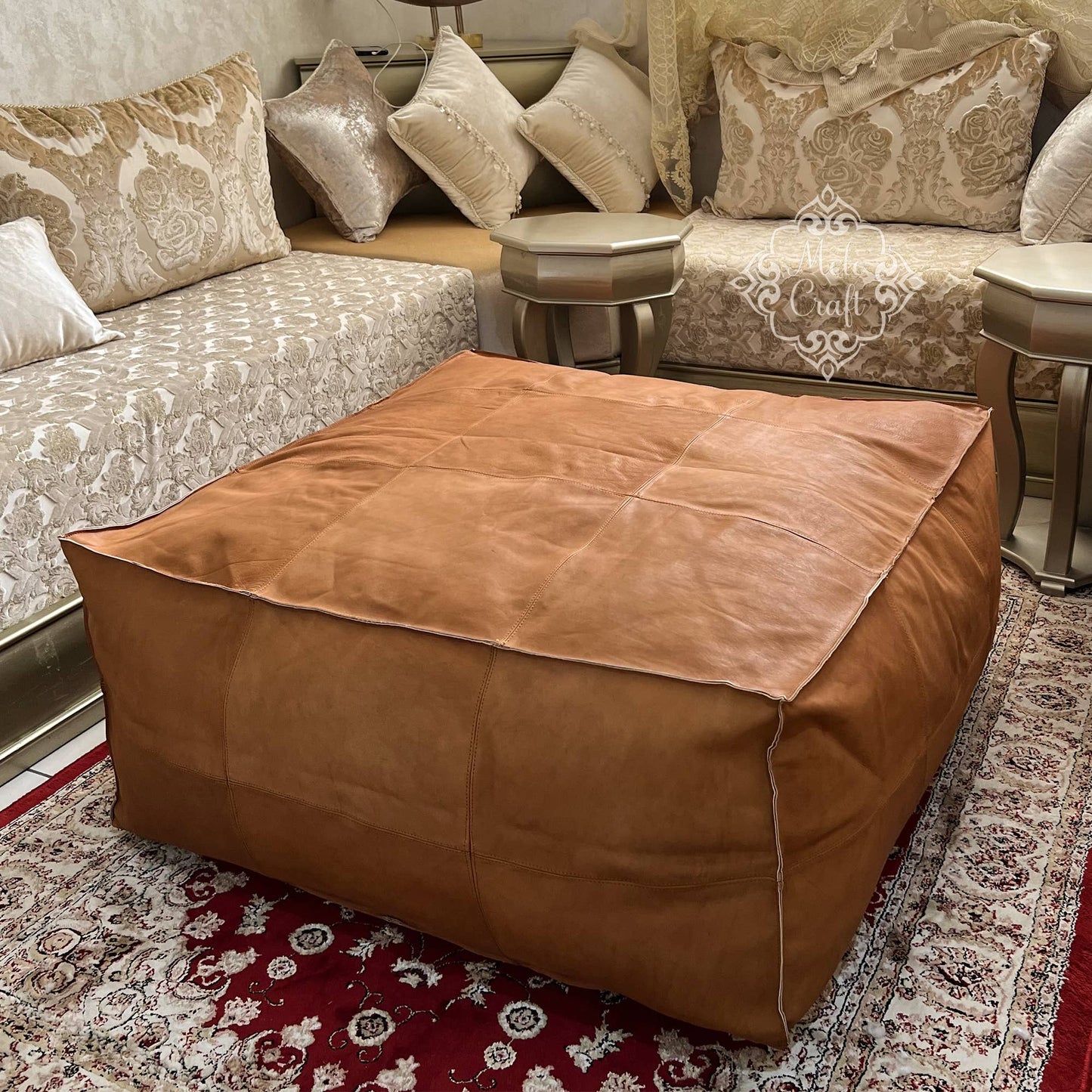 Handmade Furniture | CowHide Leather OttomanTable-Unstuffed: 35.5 x 35.5 x 17.7