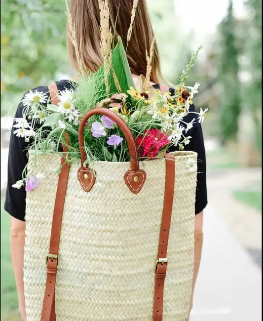Straw Backpack - Straw Beach Bag with Leather Strap: Brown