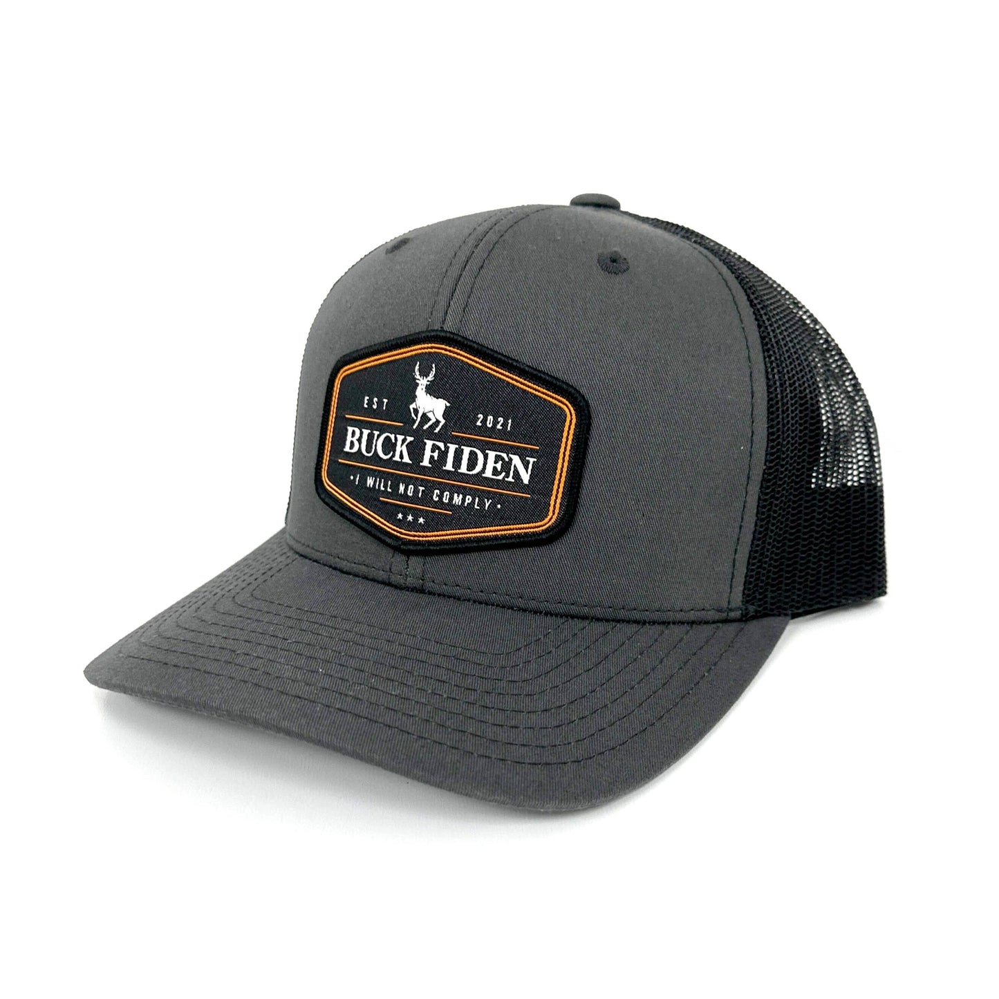 Buck Fiden Woven Patch Hat: Curved Bill Snapback / Camo And Black