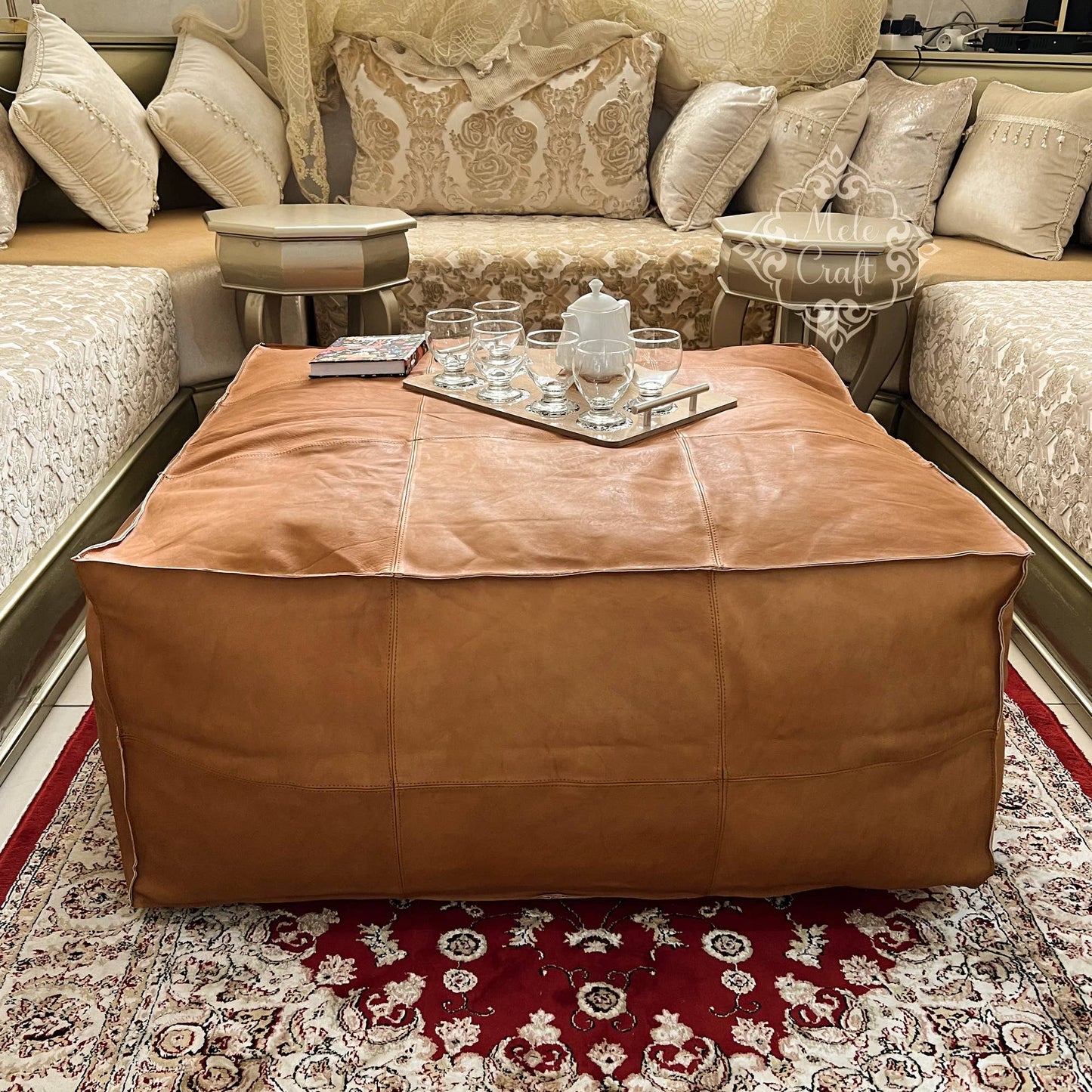 Handmade Furniture | CowHide Leather OttomanTable-Unstuffed: 35.5 x 35.5 x 17.7