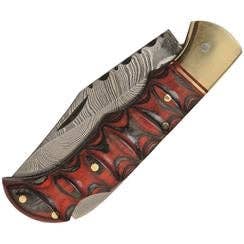 Grooved Lockback Damascus Steel Pocket Knife - Red