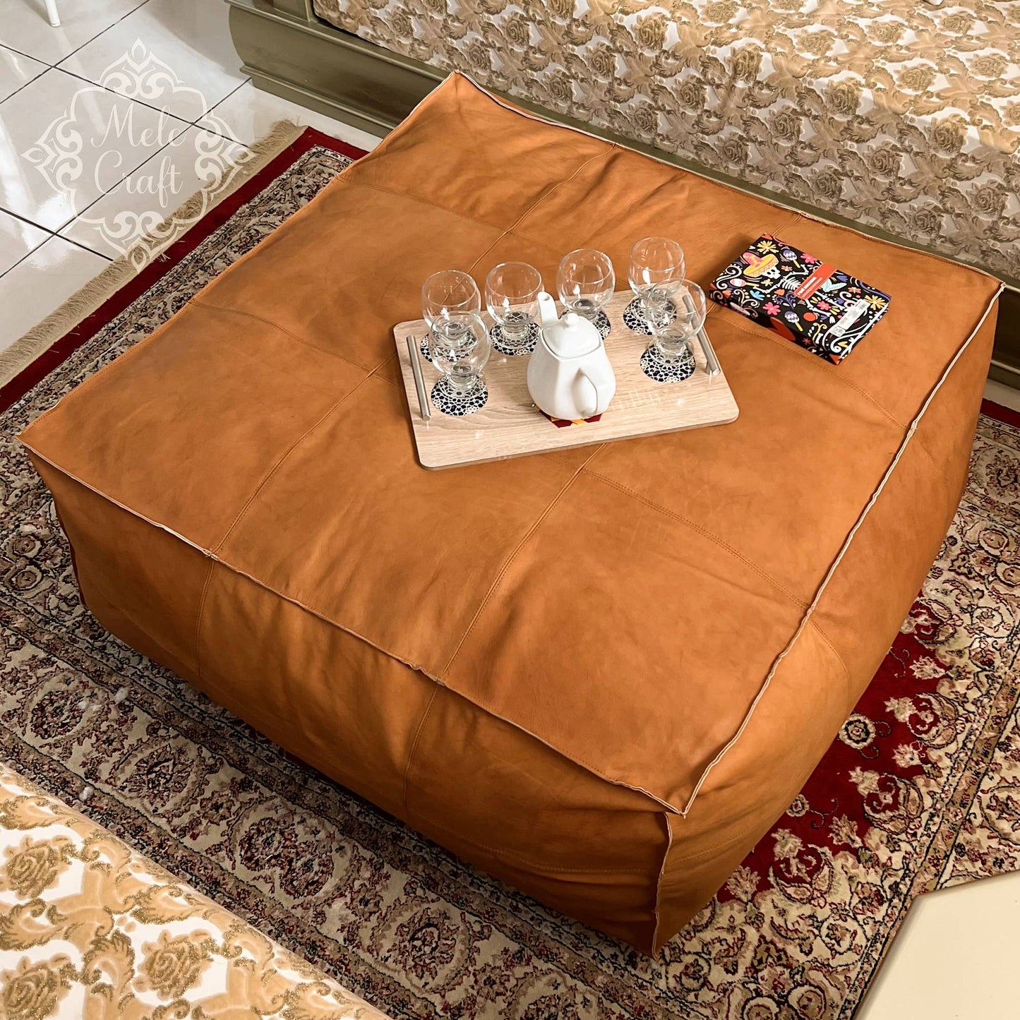 Handmade Furniture | CowHide Leather OttomanTable-Unstuffed: 35.5 x 35.5 x 17.7