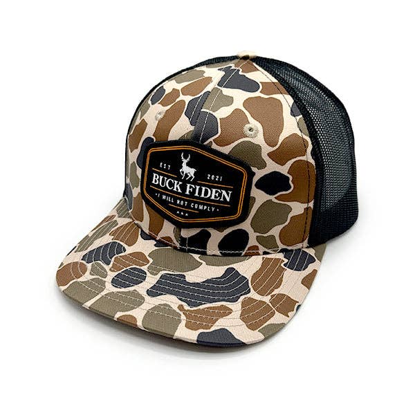 Buck Fiden Woven Patch Hat: Curved Bill Snapback / Camo And Black