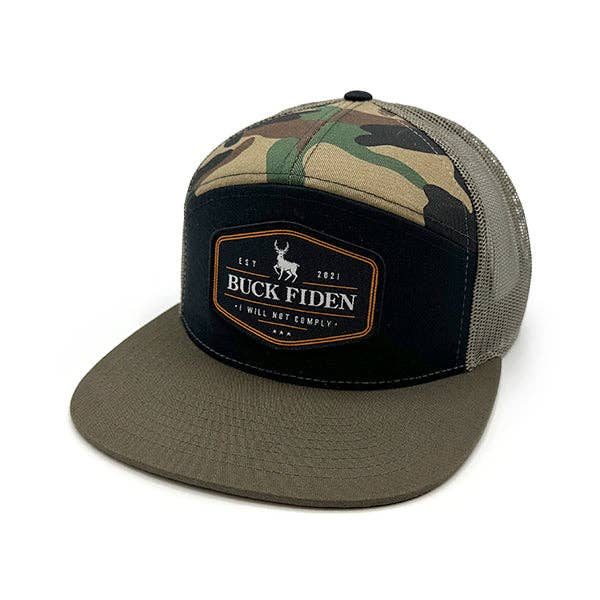 Buck Fiden Woven Patch Hat: Curved Bill Snapback / Camo And Black