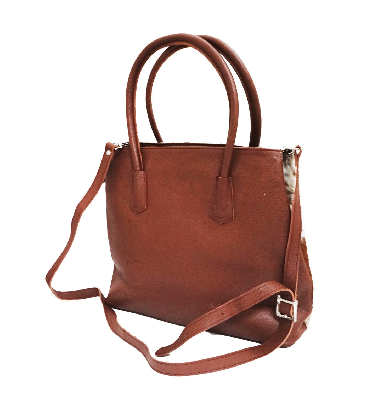 Cowhide Bag Hand bag with strip H12: BROWN