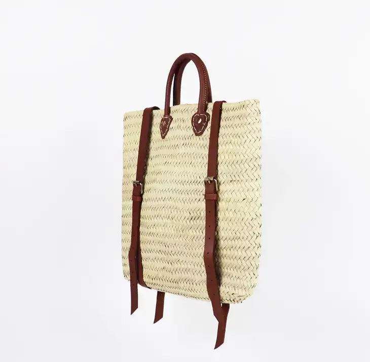Straw Backpack - Straw Beach Bag with Leather Strap: Brown