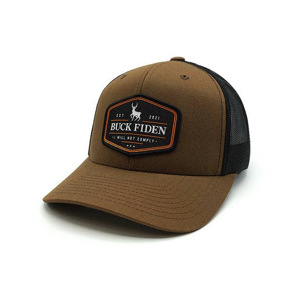 Buck Fiden Woven Patch Hat: Curved Bill Snapback / Camo And Black