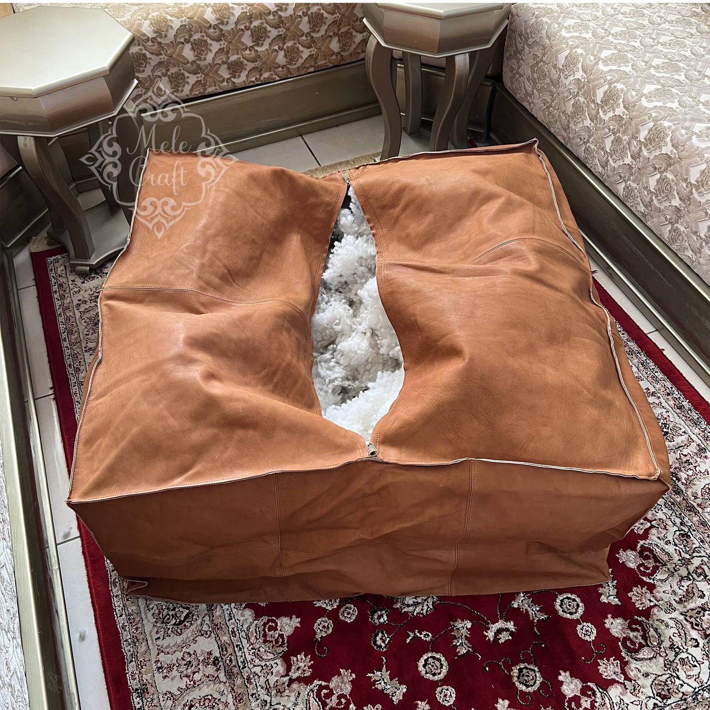Handmade Furniture | CowHide Leather OttomanTable-Unstuffed: 35.5 x 35.5 x 17.7