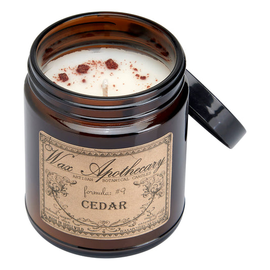 Cedar 6oz Botanical Candle in Amber Glass Jar w/ Black Lid