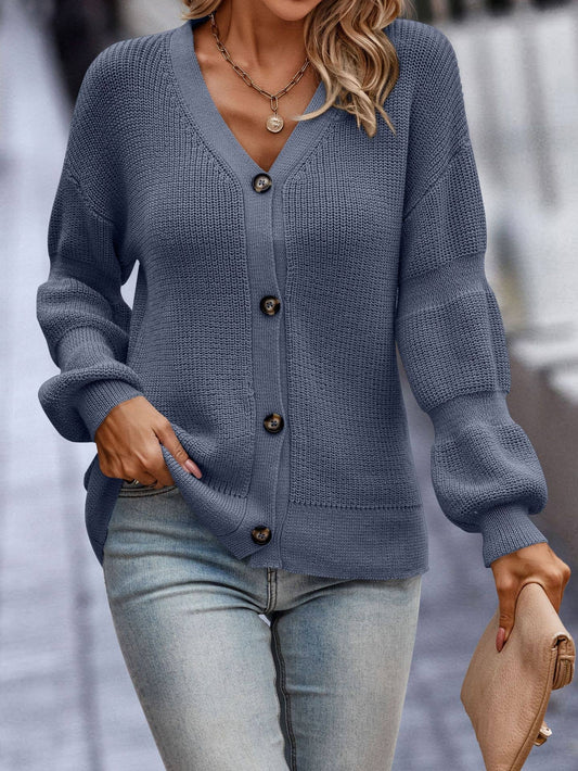 SZ1-SW6261 Ribbed Knit Button Cardigan: Denim / L