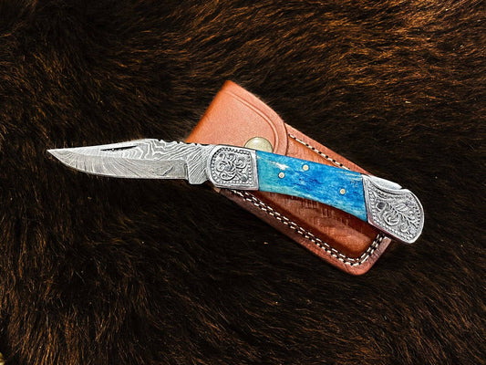 Pocket Knife Dyed Blue Bone 6.5'' Damascus Steel Knife Steel