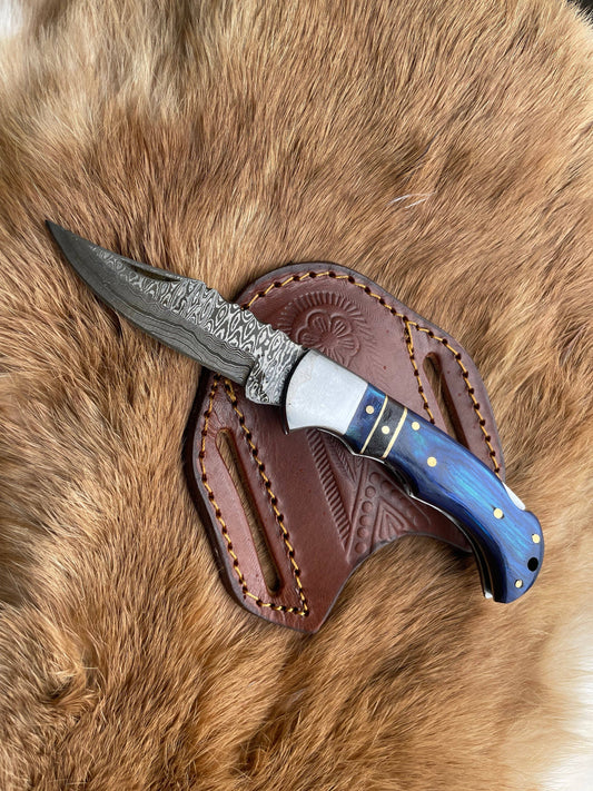 POCKET KNIFE BLUE DIAMOND WOOD 6.5'' DAMASCUS STEEL KNIFE ST