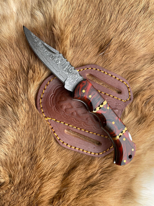 POCKET KNIFE RED RESIN WOOD 6.5'' DAMASCUS STEEL KNIFE STEEL