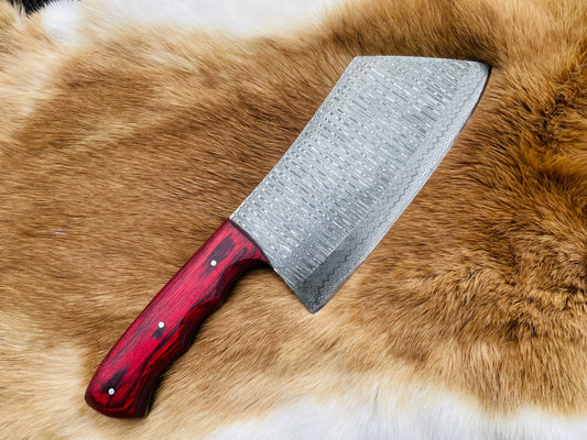 Custom Damascus steel cleaver Red Handle